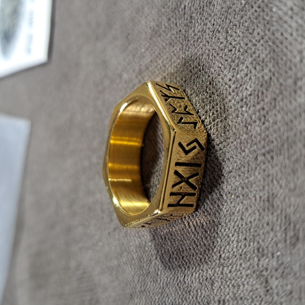 ChainsHouse Hexagon Runes Viking Symbols Stainless Steel Gold Ring NEW 7